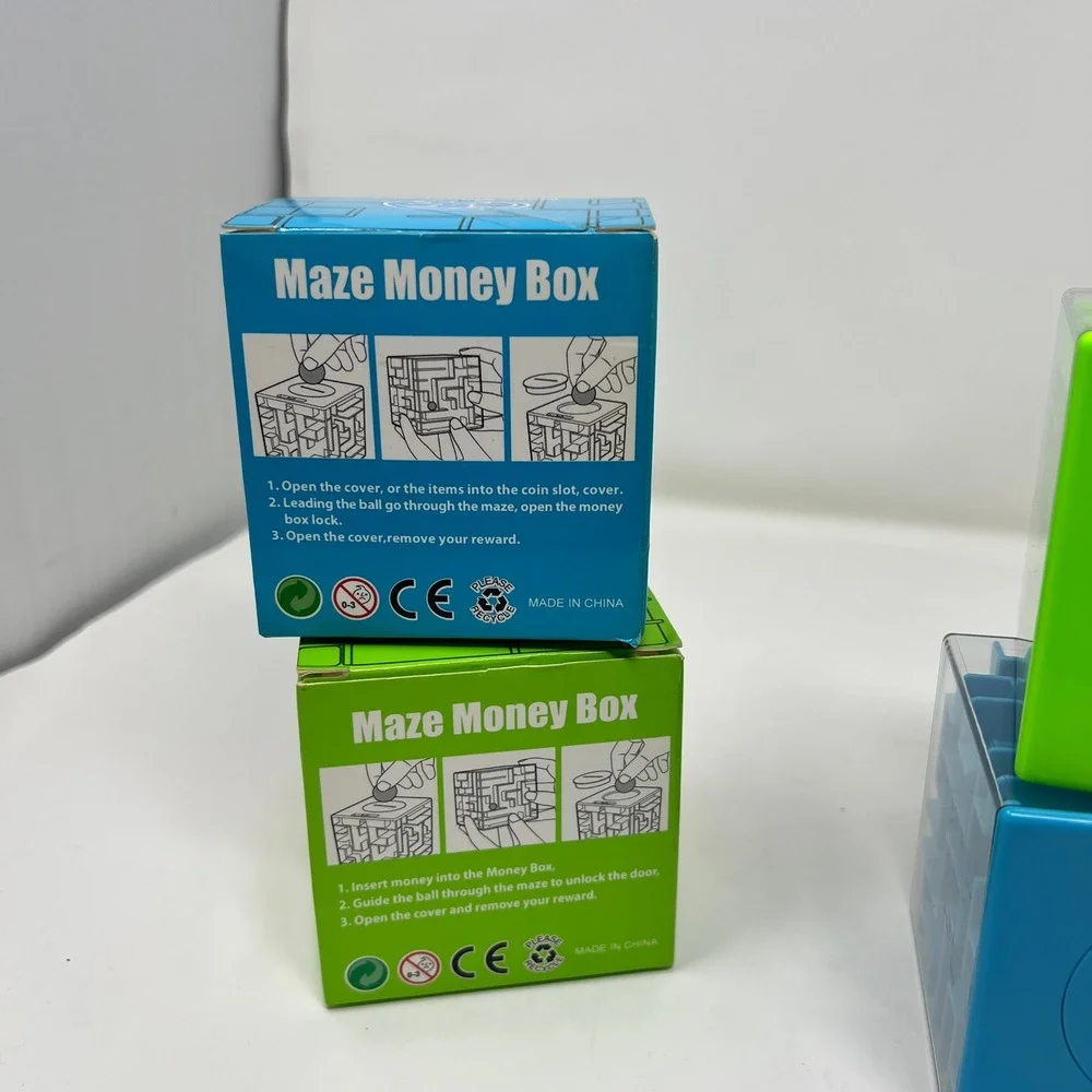 T.T. Toys Maze Money Box T70 Puzzle Bank Cube Blue & Green Lot of 2 Gift Novelty